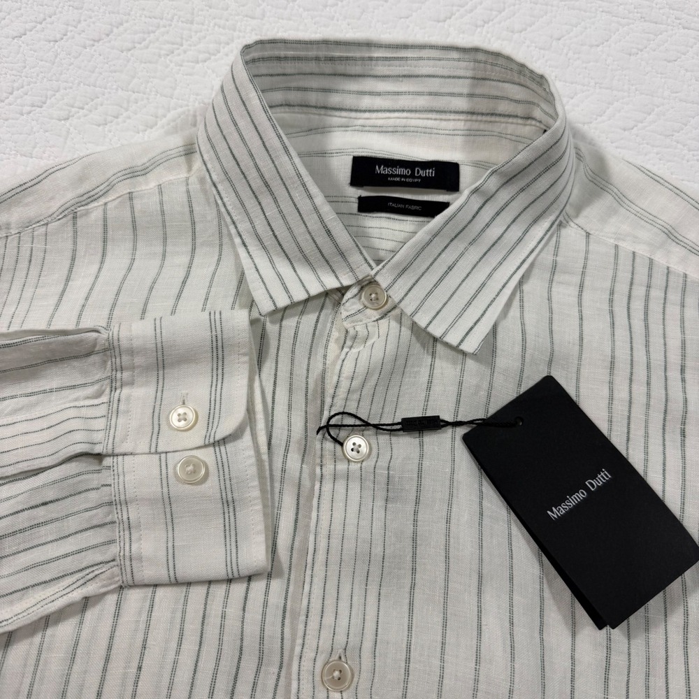 Massimo Dutti Mens Button Down Shirt XL Striped 100% Linen White Green NWT